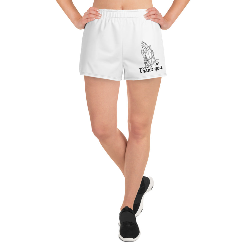 THANK YOU -- Womens Recycled Athletic Shorts (Praying Hands Black Design)