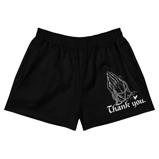 THANK YOU -- Women’s Recycled Athletic Shorts (Praying Hands White Design)