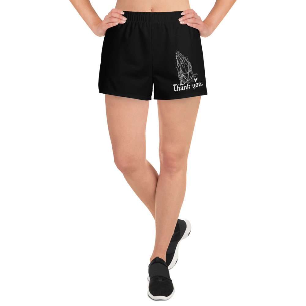 THANK YOU -- Women’s Recycled Athletic Shorts (Praying Hands White Design)