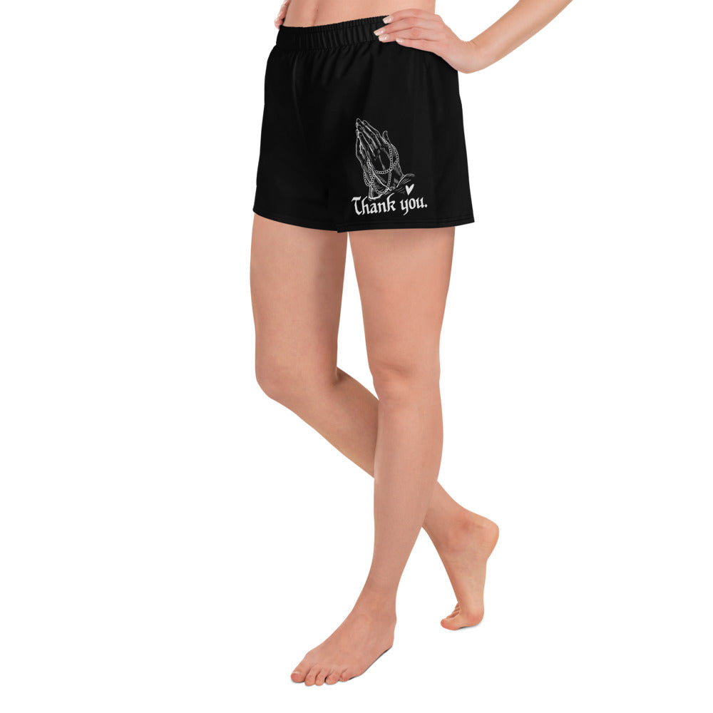 THANK YOU -- Women’s Recycled Athletic Shorts (Praying Hands White Design)