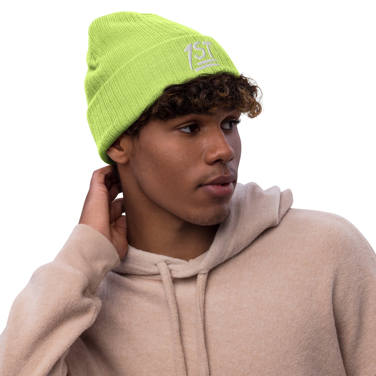 "1ST" -- Ribbed Knit Beanie (Embroidered White Design)