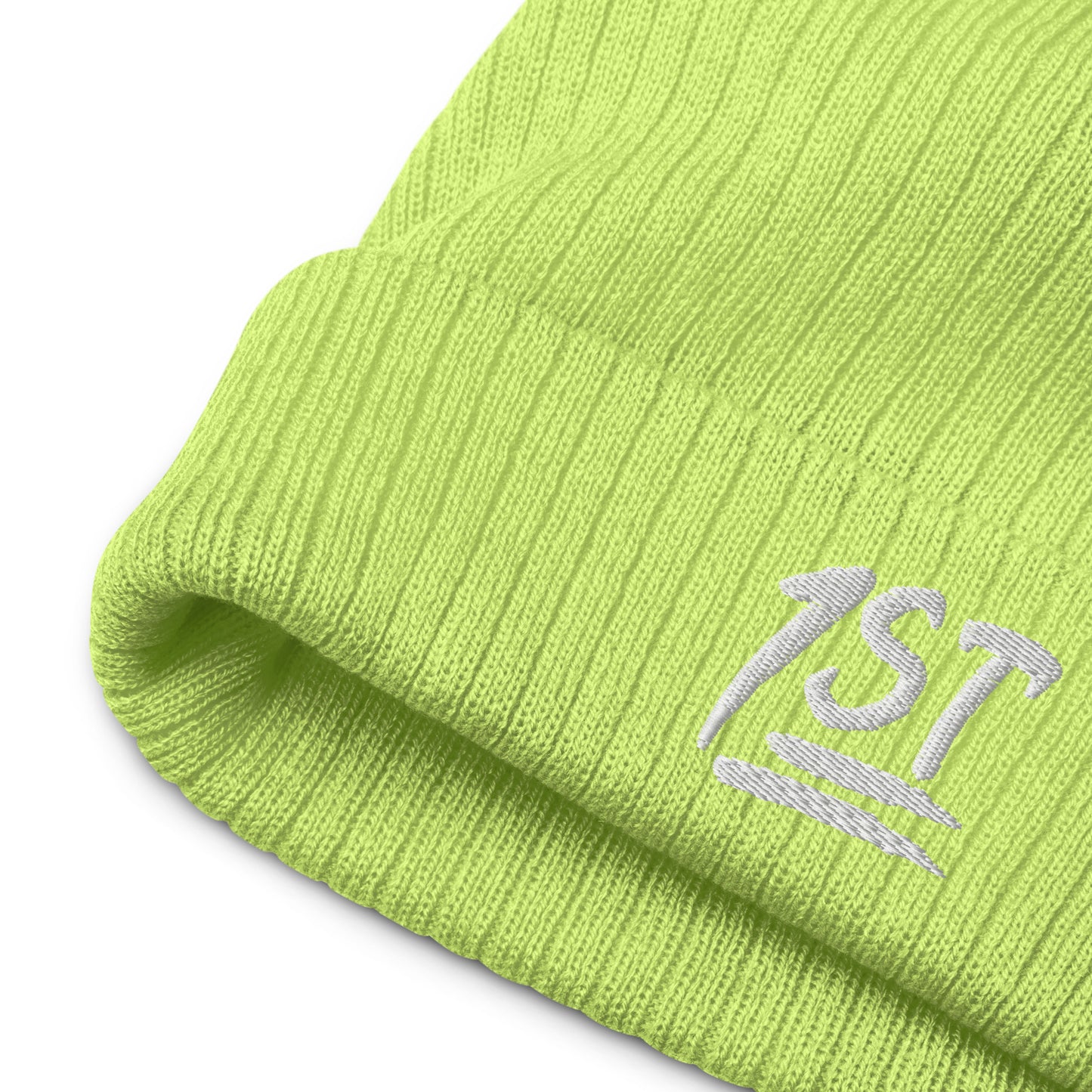 "1ST" -- Ribbed Knit Beanie (Embroidered White Design)