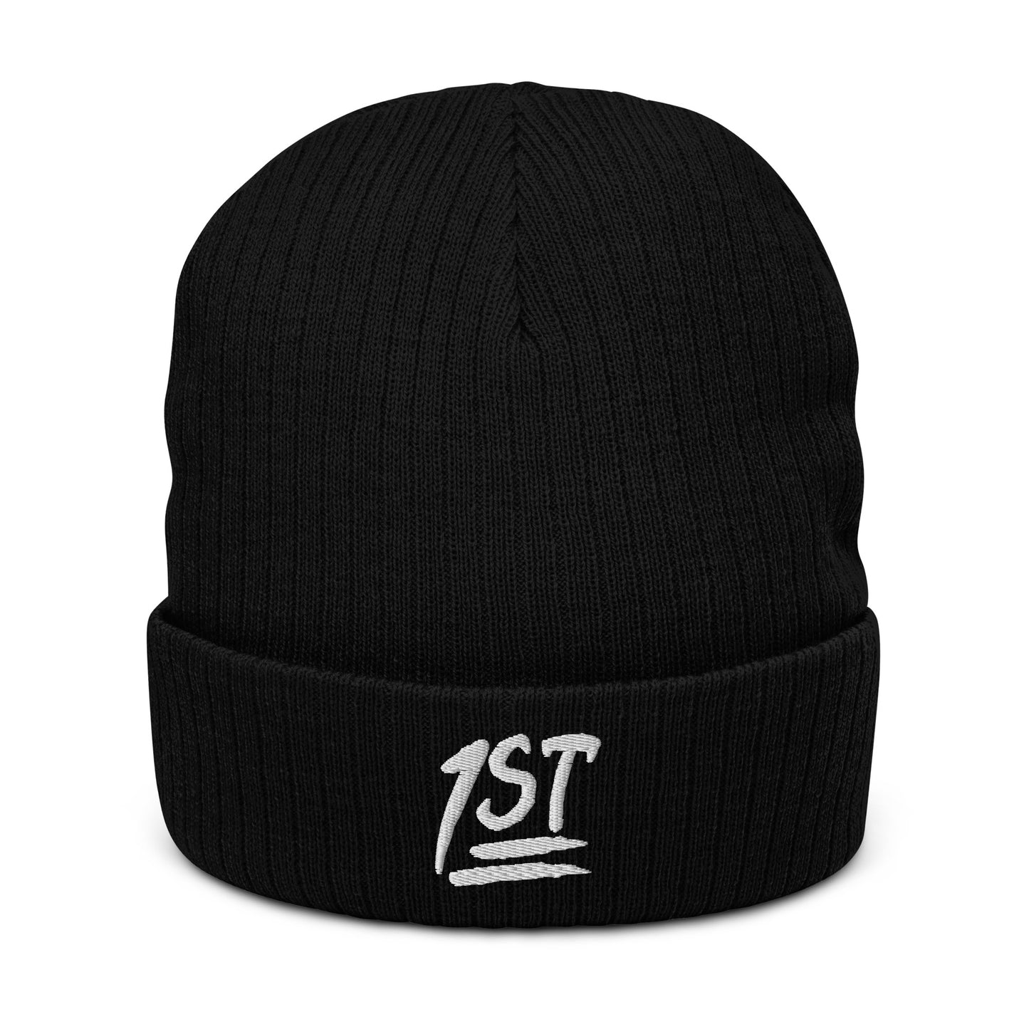 "1ST" -- Ribbed Knit Beanie (Embroidered White Design)