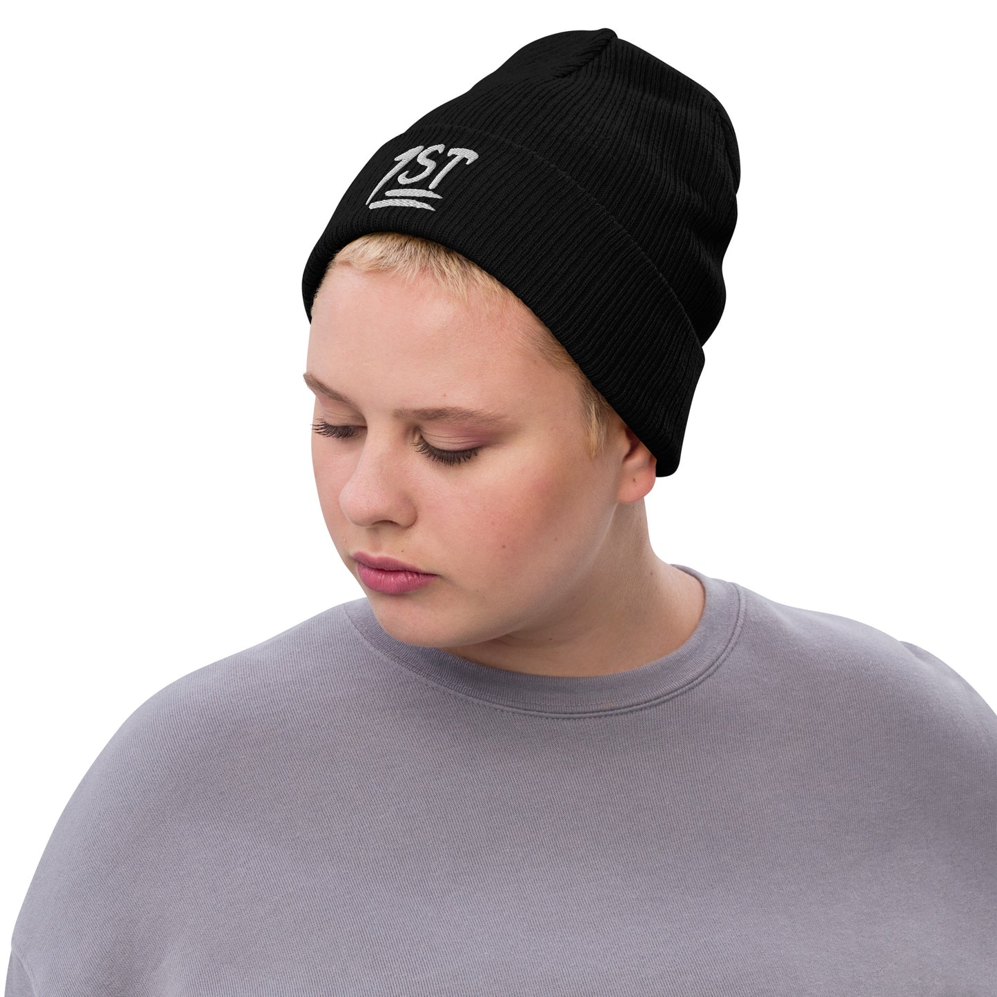 "1ST" -- Ribbed Knit Beanie (Embroidered White Design)