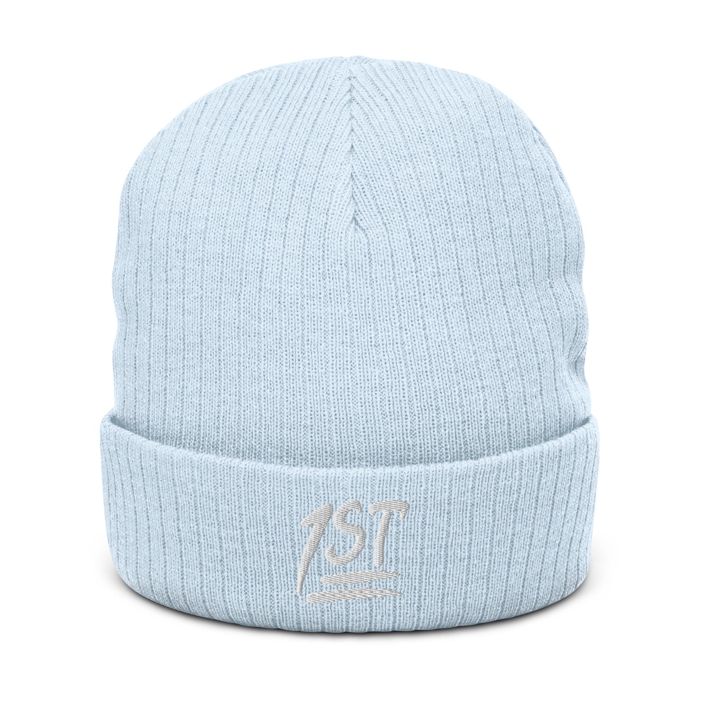 "1ST" -- Ribbed Knit Beanie (Embroidered White Design)