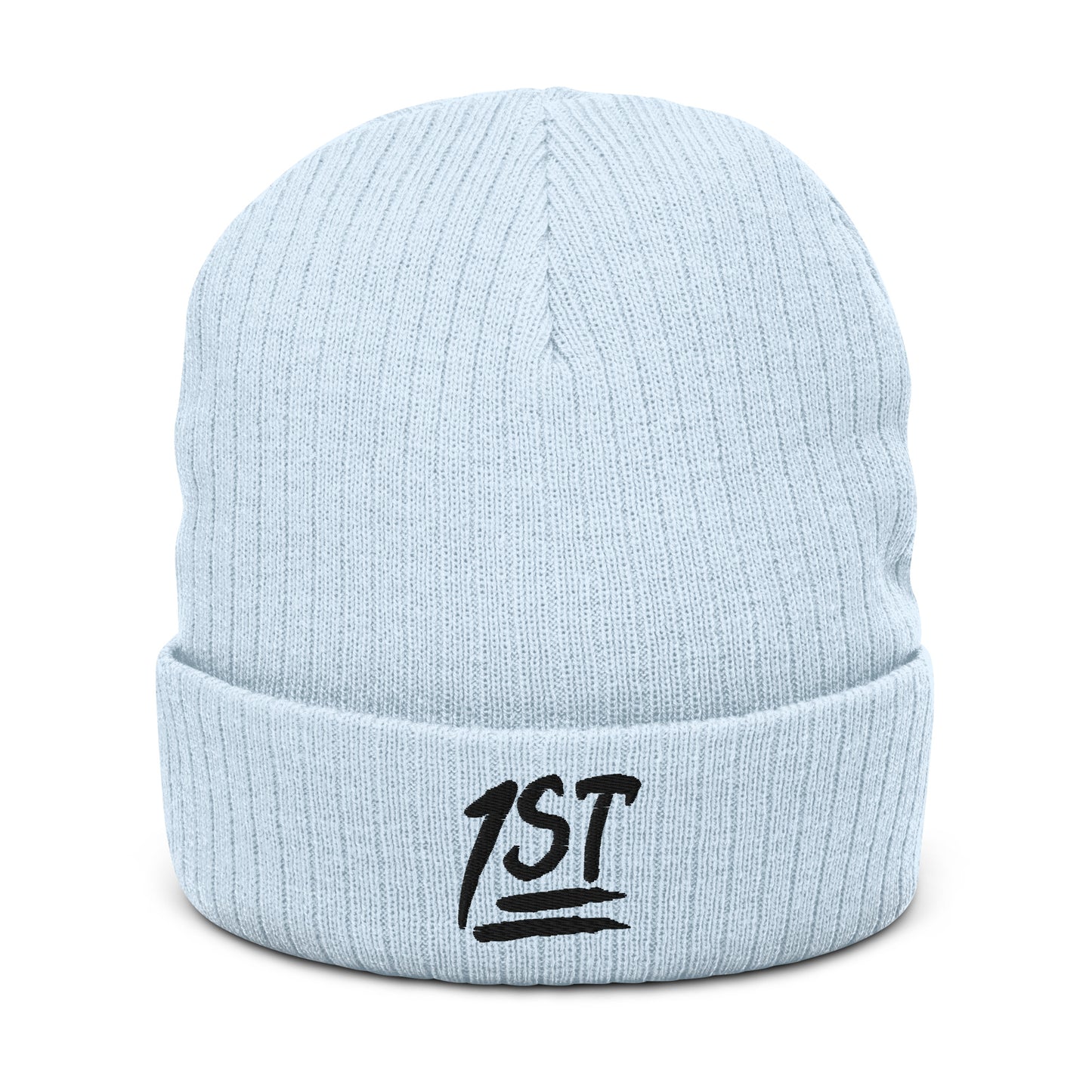 "1ST" -- Ribbed Knit Beanie (Embroidered Black Design)