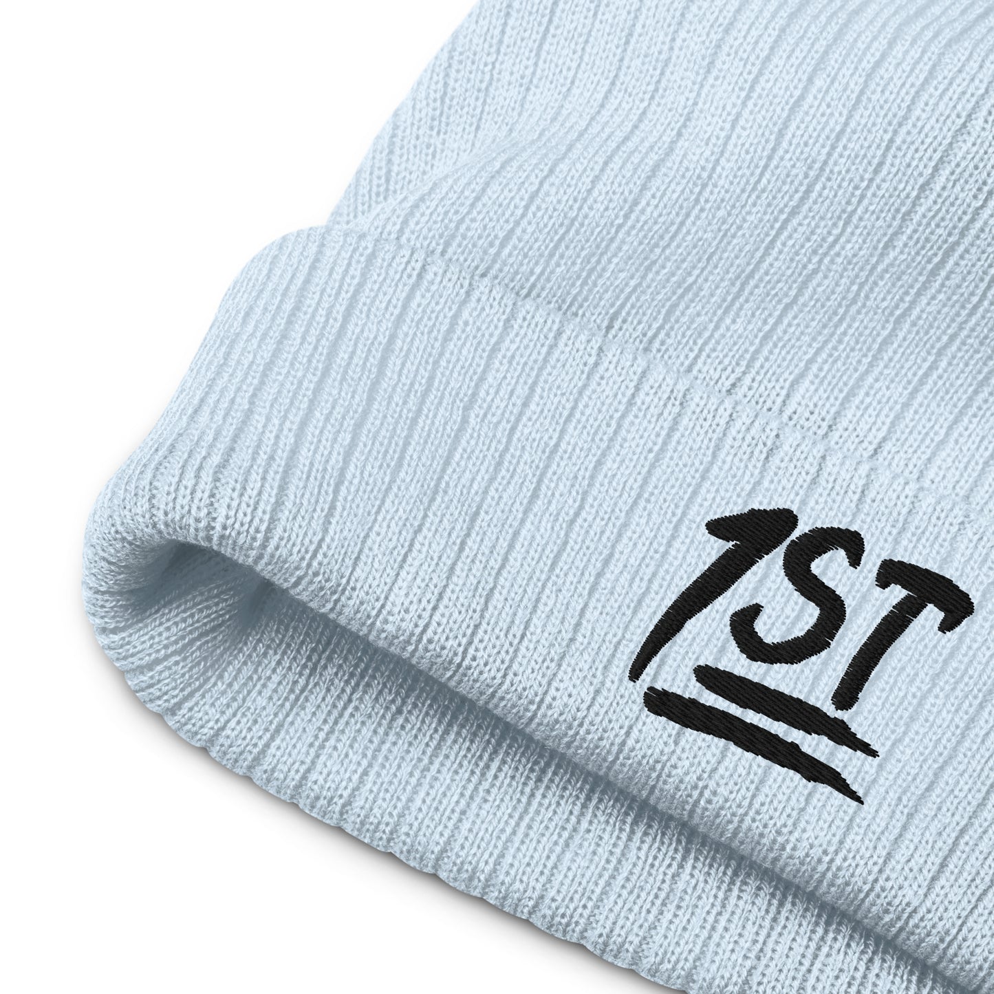 "1ST" -- Ribbed Knit Beanie (Embroidered Black Design)