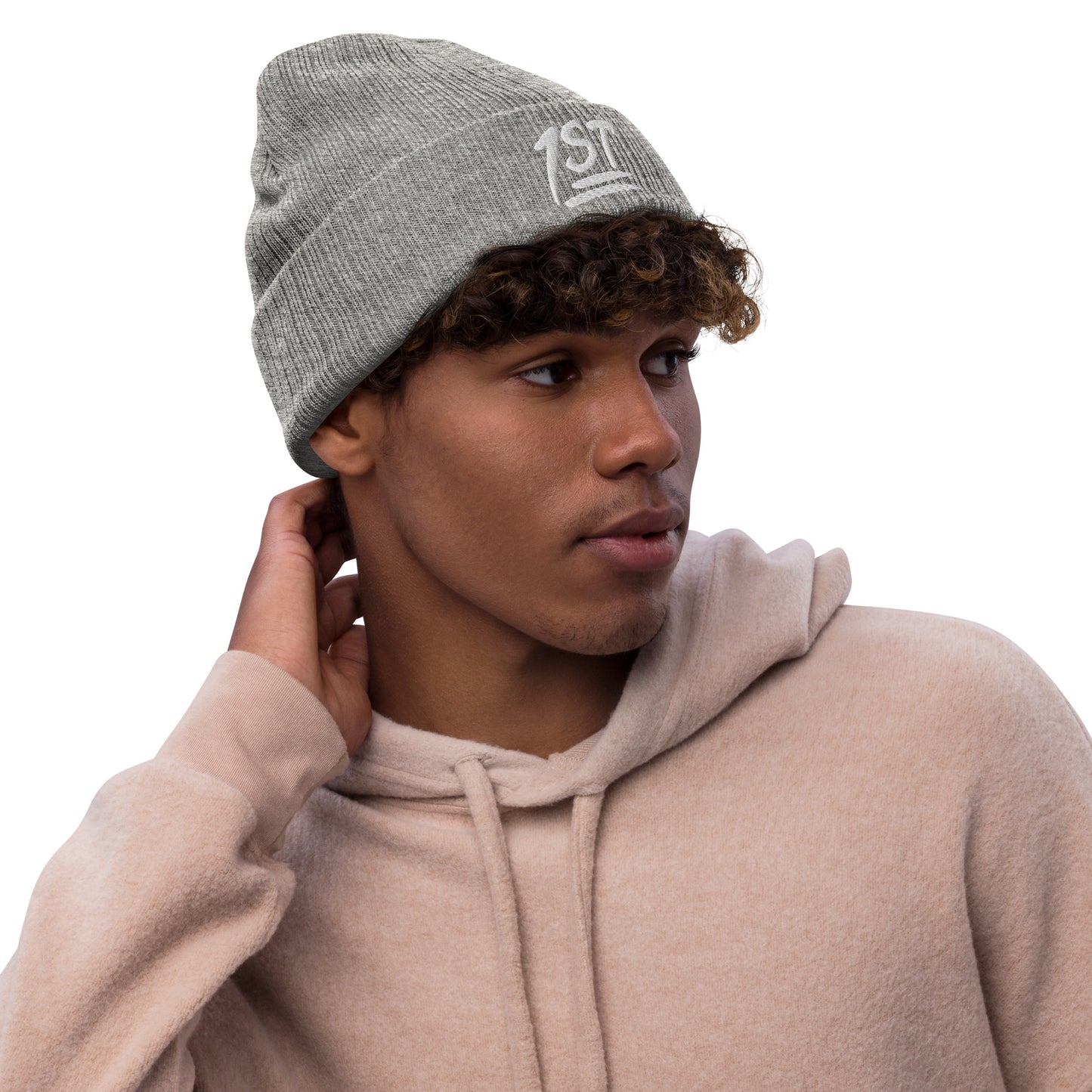 "1ST" -- Ribbed Knit Beanie (Embroidered White Design)