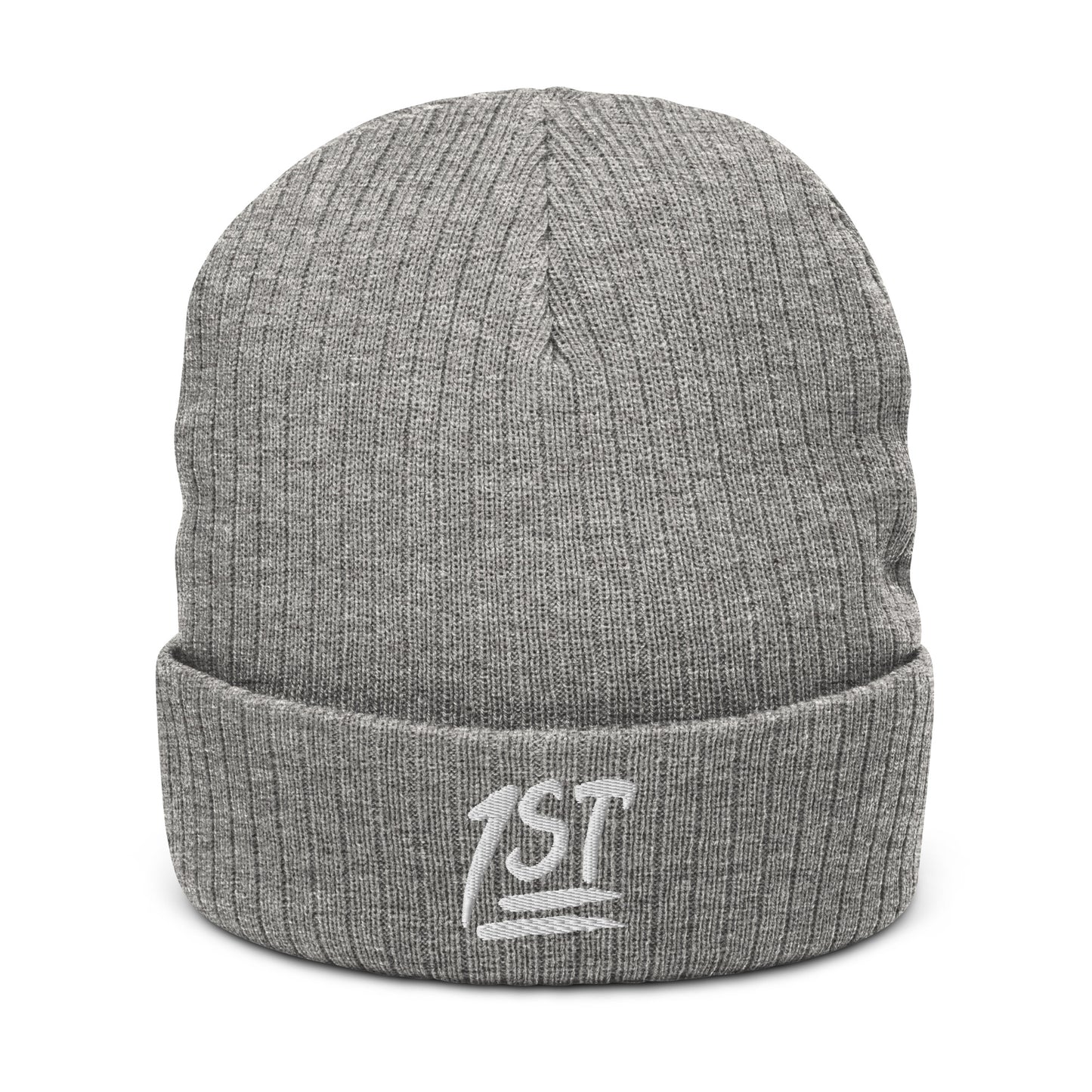 "1ST" -- Ribbed Knit Beanie (Embroidered White Design)