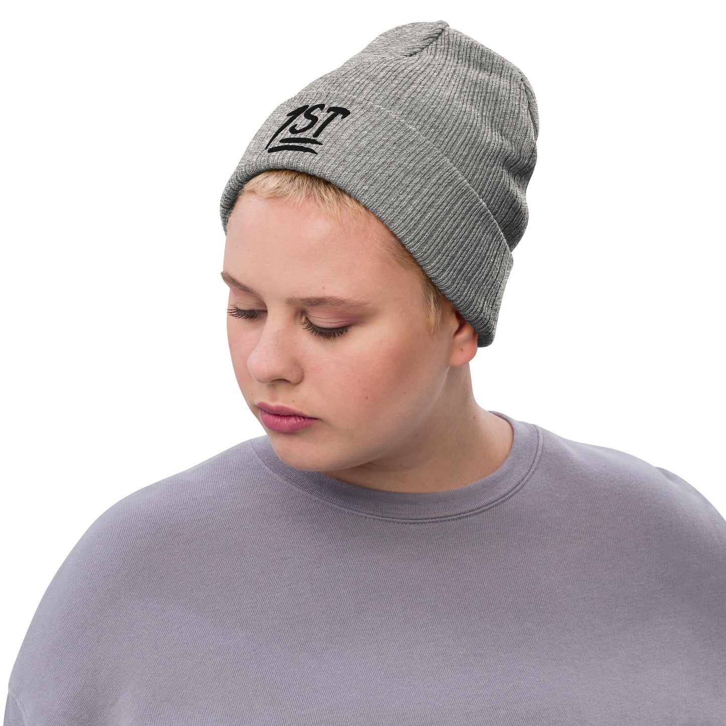 "1ST" -- Ribbed Knit Beanie (Embroidered Black Design)