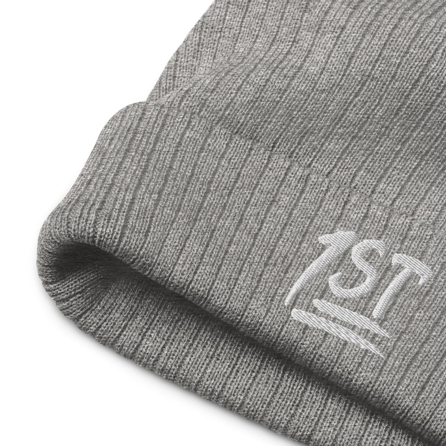 "1ST" -- Ribbed Knit Beanie (Embroidered White Design)