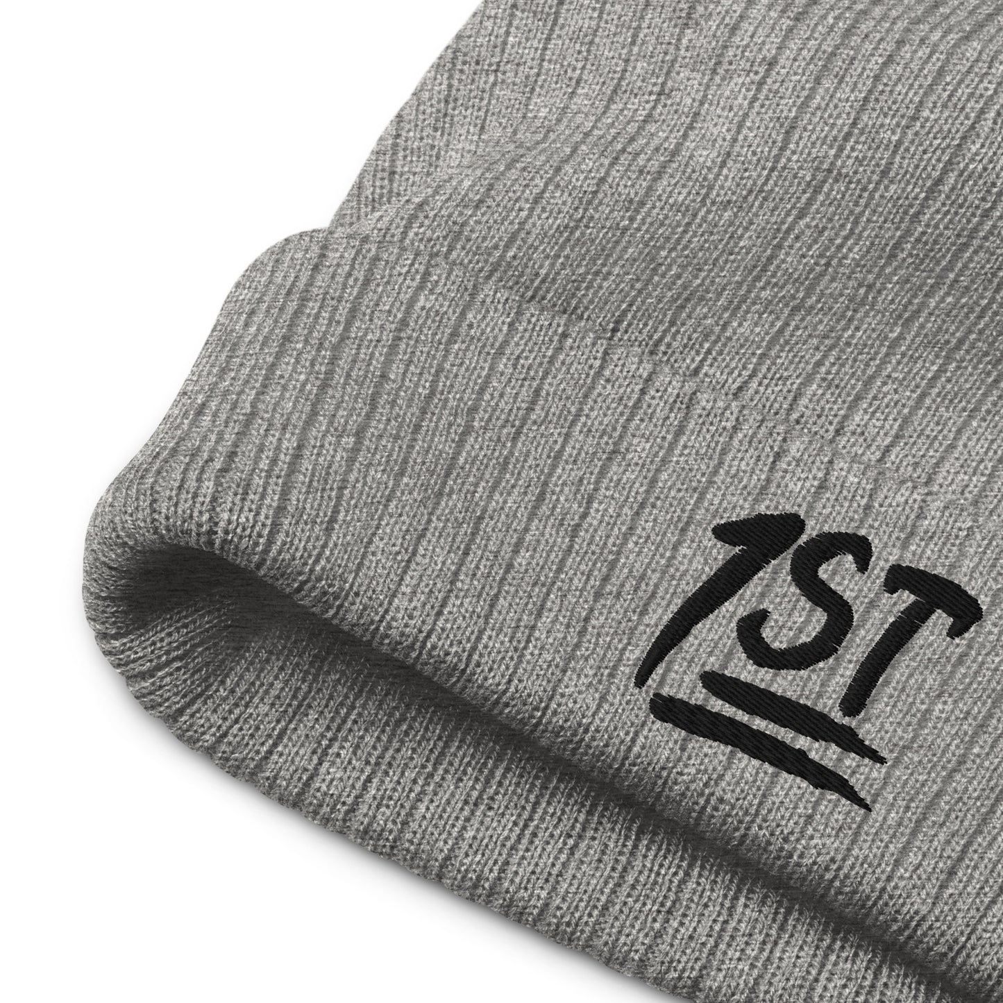 "1ST" -- Ribbed Knit Beanie (Embroidered Black Design)