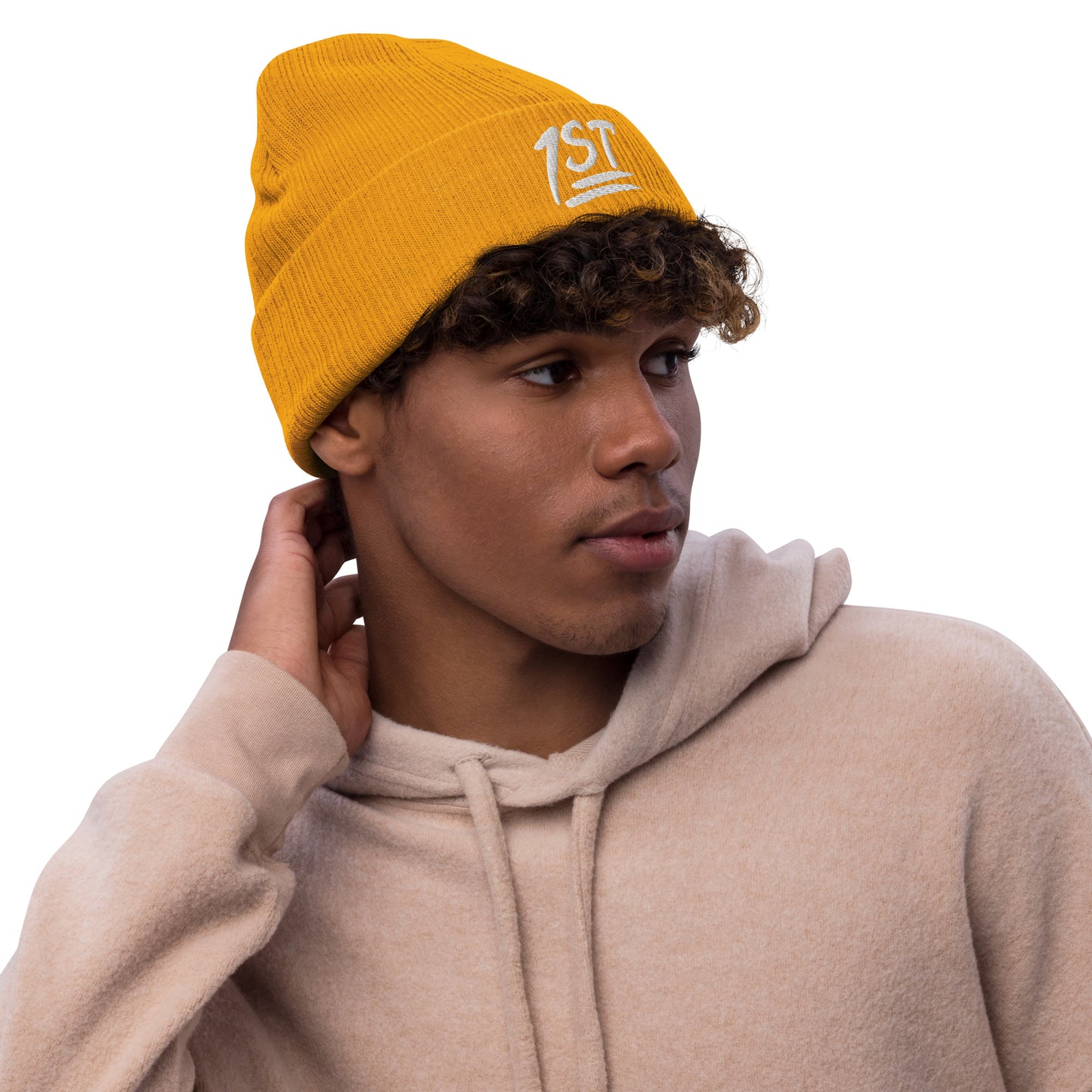 "1ST" -- Ribbed Knit Beanie (Embroidered White Design)