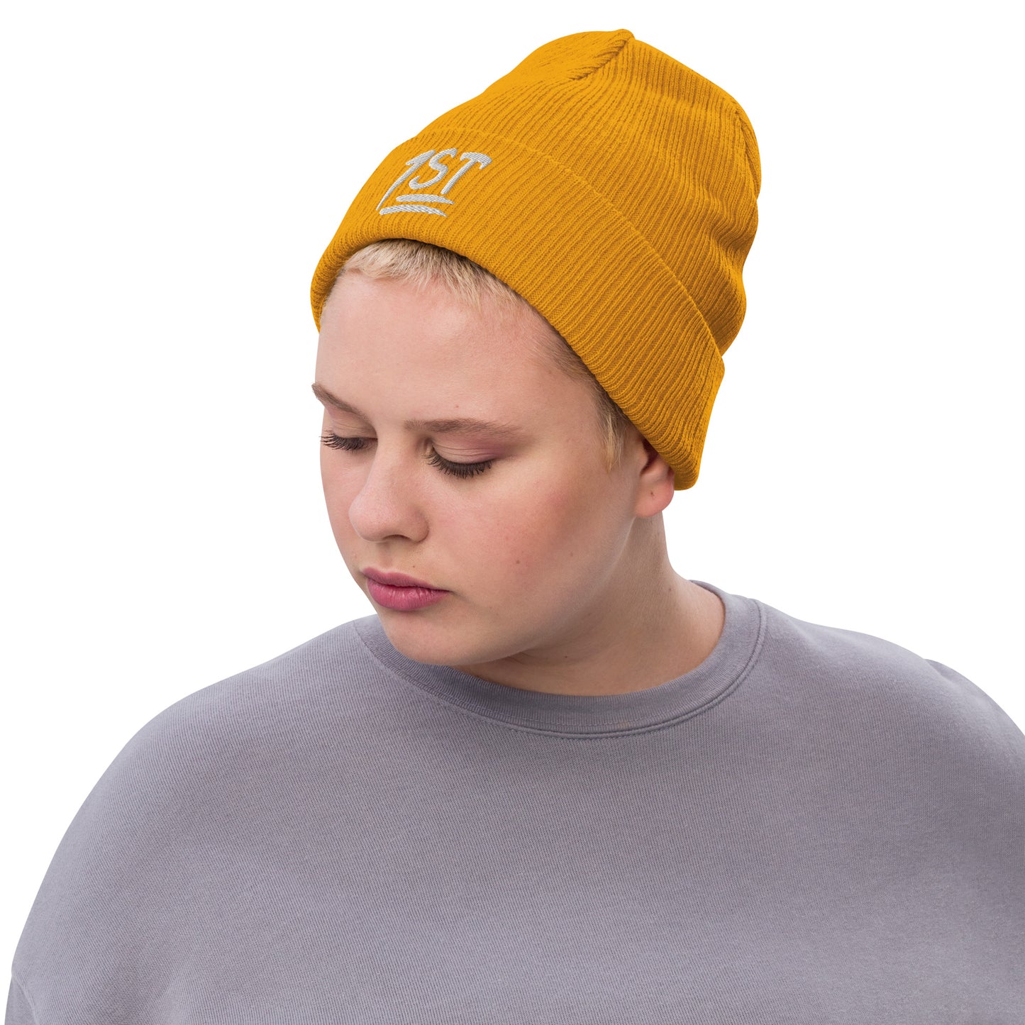 "1ST" -- Ribbed Knit Beanie (Embroidered White Design)