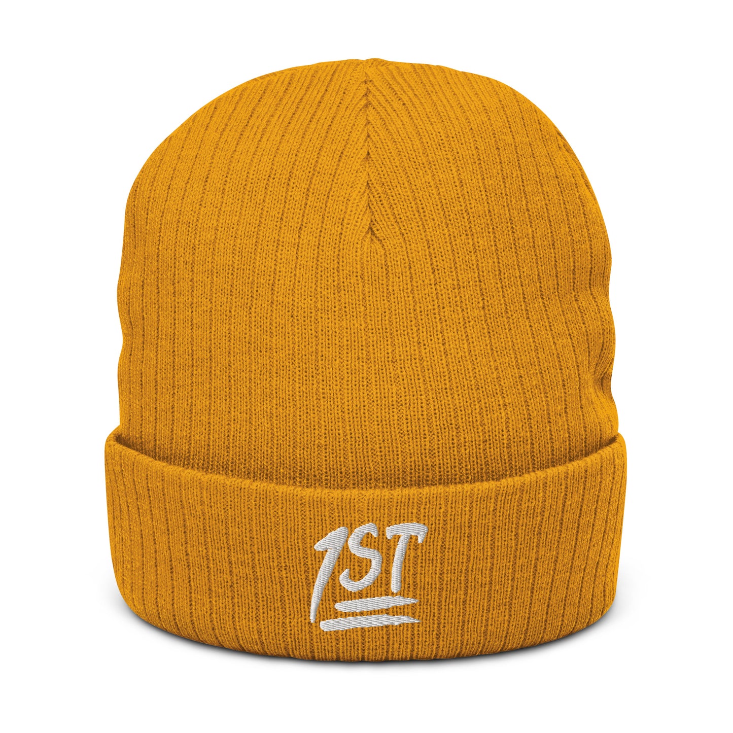 "1ST" -- Ribbed Knit Beanie (Embroidered White Design)