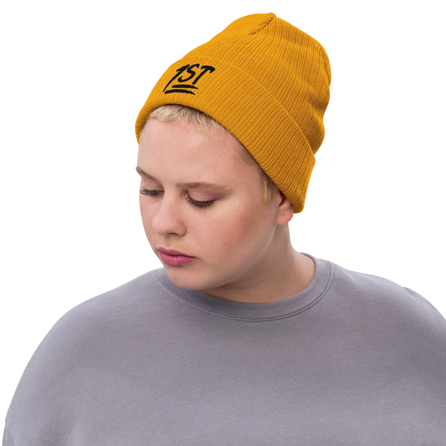 "1ST" -- Ribbed Knit Beanie (Embroidered Black Design)