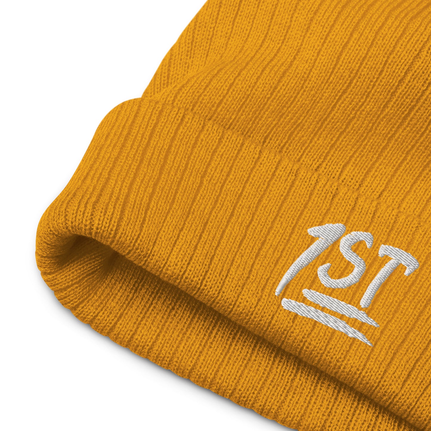 "1ST" -- Ribbed Knit Beanie (Embroidered White Design)