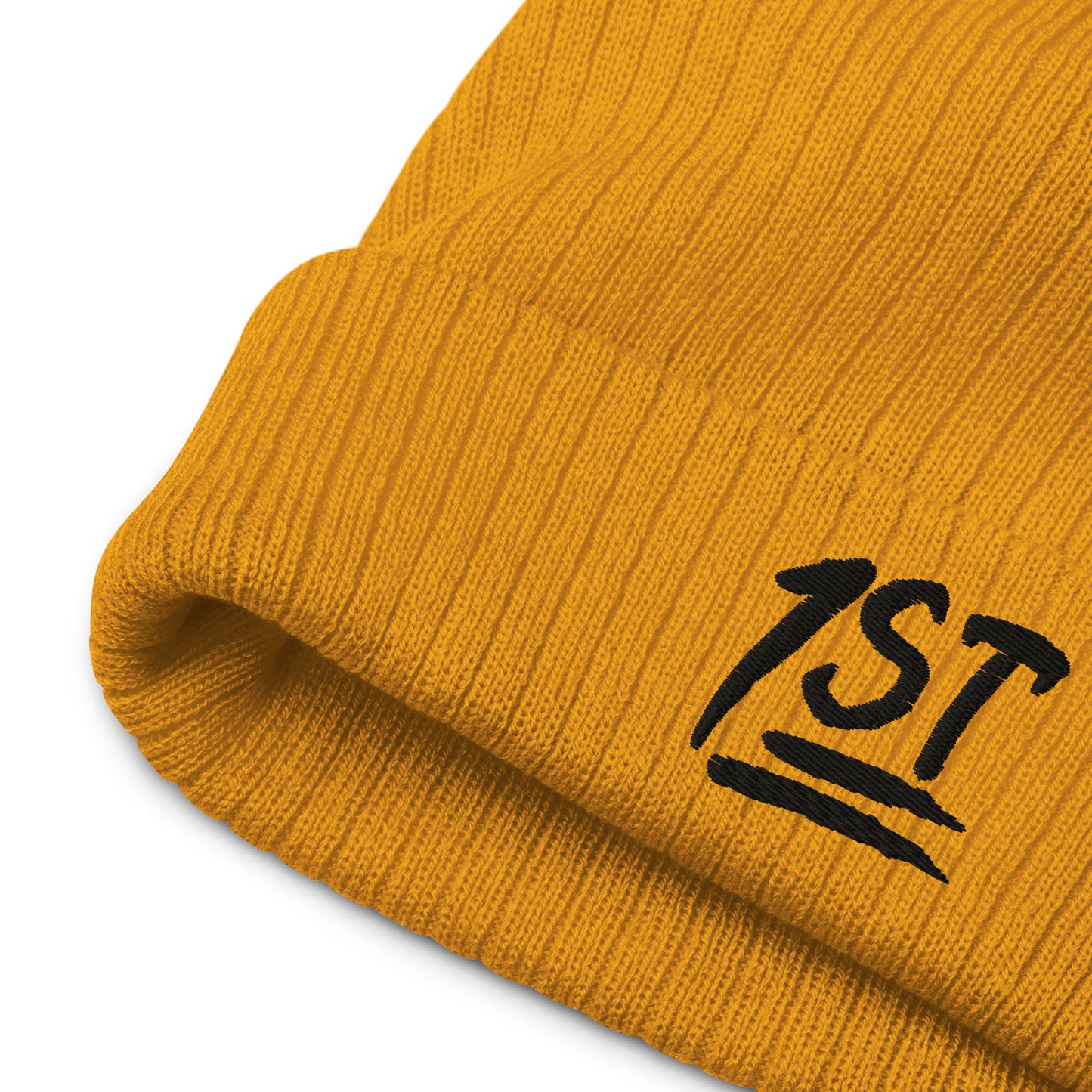 "1ST" -- Ribbed Knit Beanie (Embroidered Black Design)