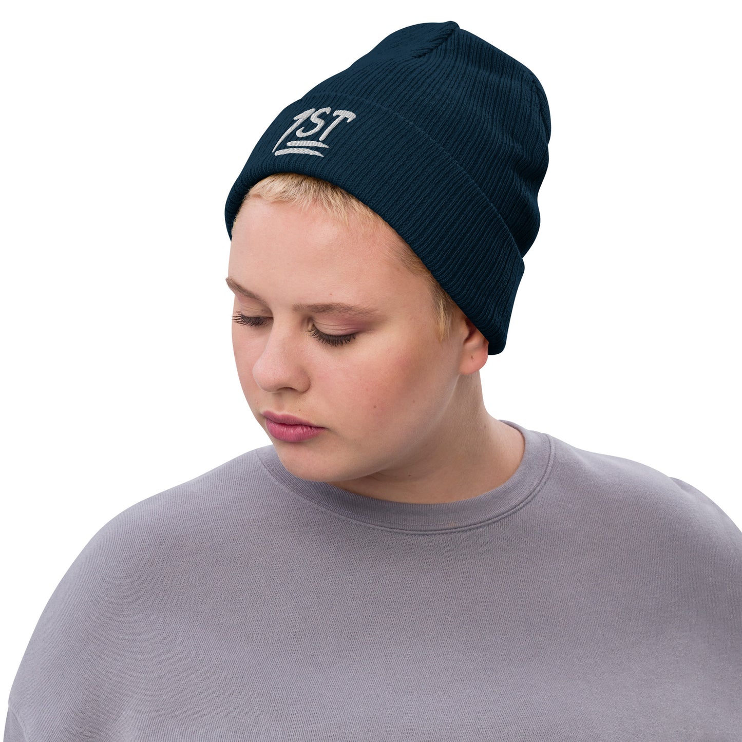 "1ST" -- Ribbed Knit Beanie (Embroidered White Design)