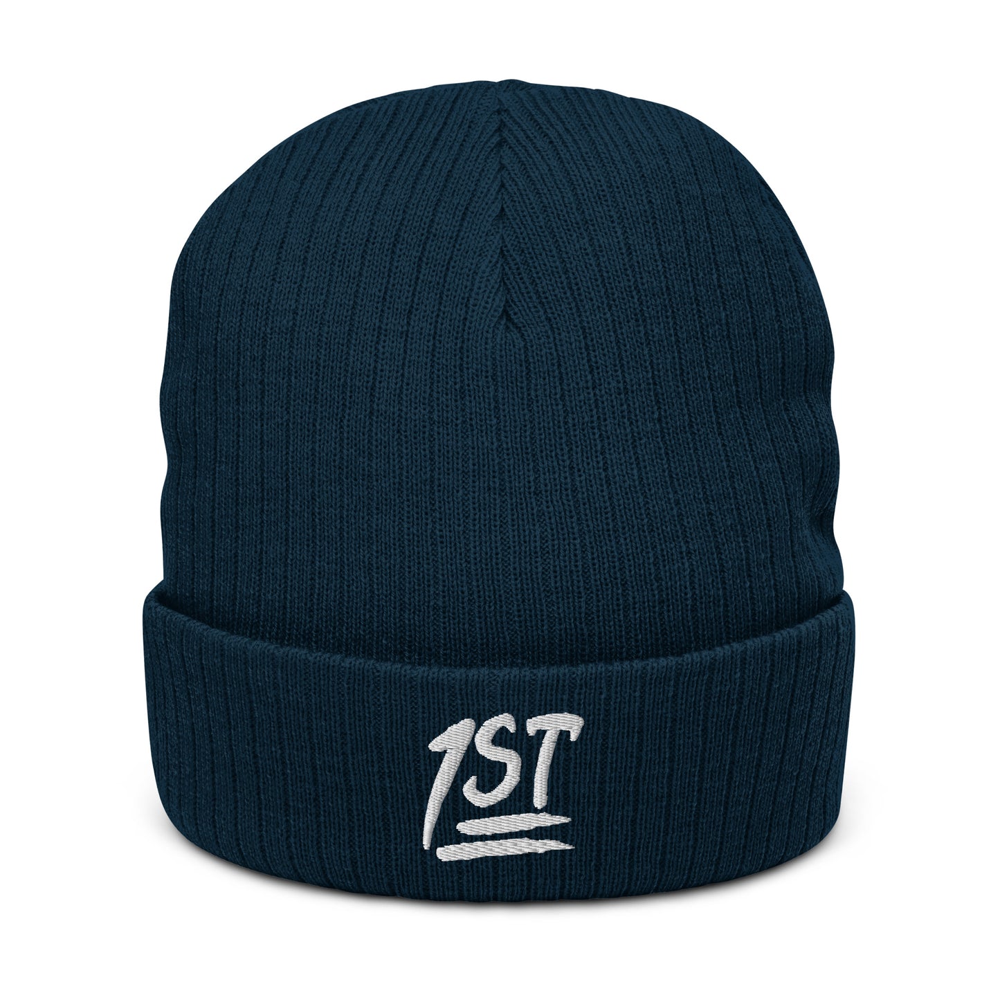 "1ST" -- Ribbed Knit Beanie (Embroidered White Design)