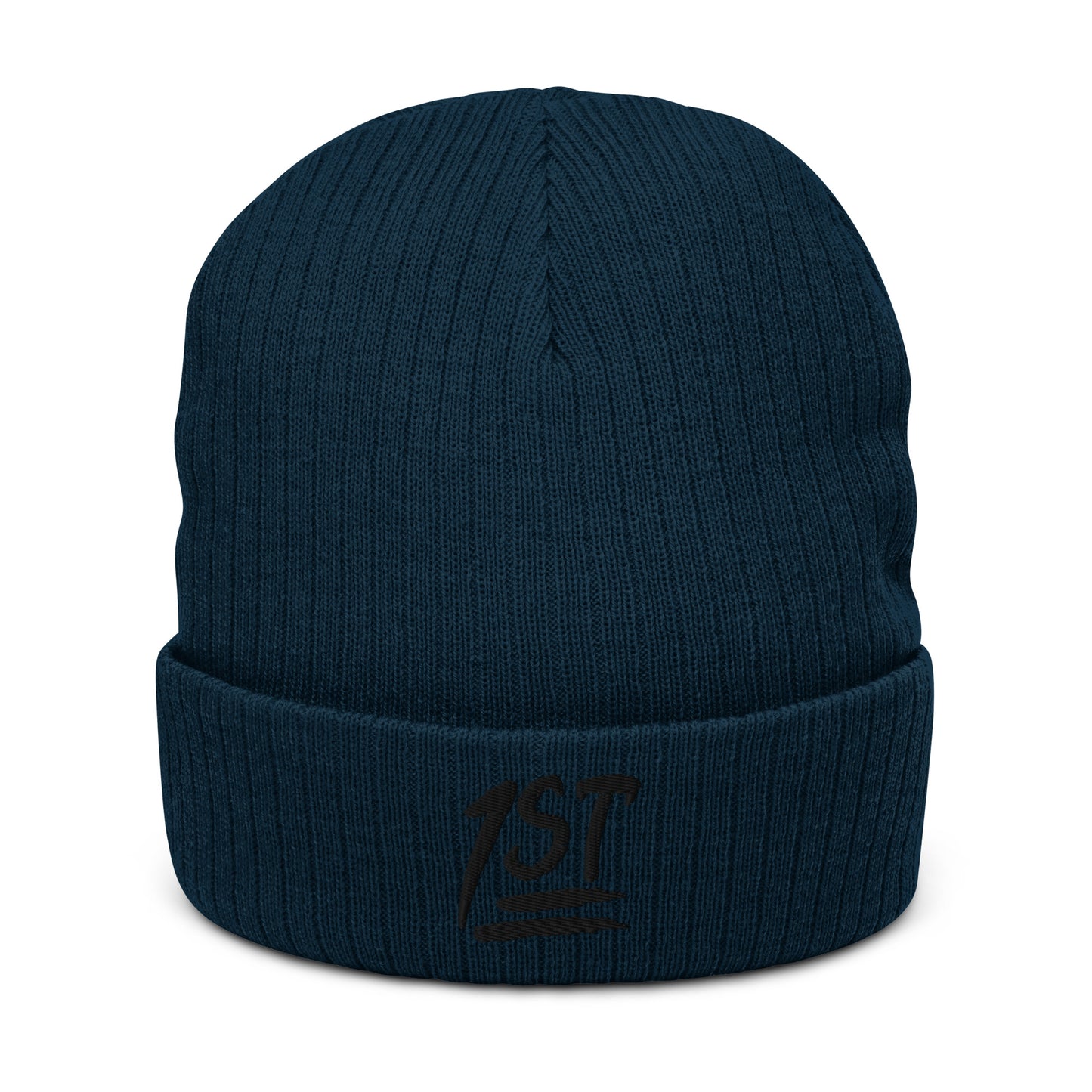 "1ST" -- Ribbed Knit Beanie (Embroidered Black Design)