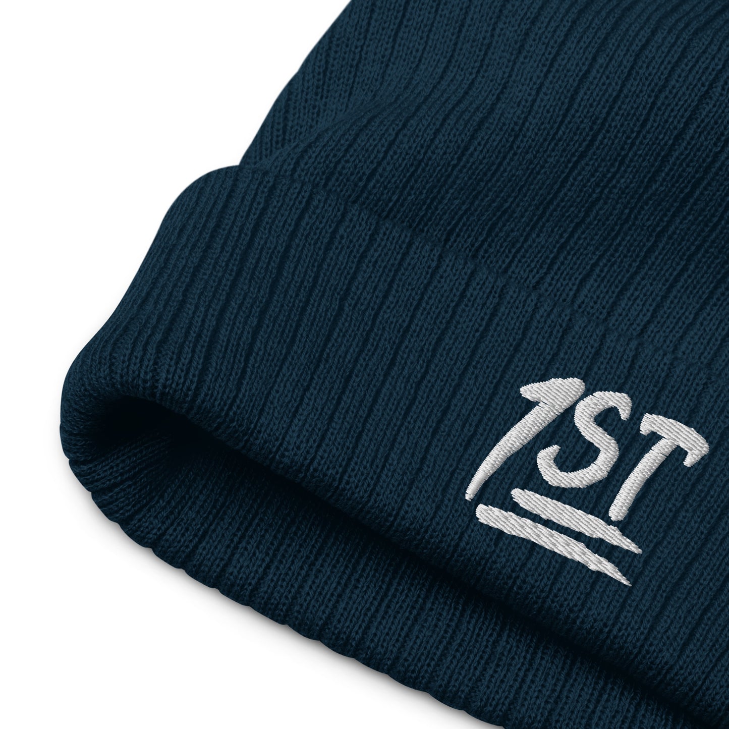 "1ST" -- Ribbed Knit Beanie (Embroidered White Design)