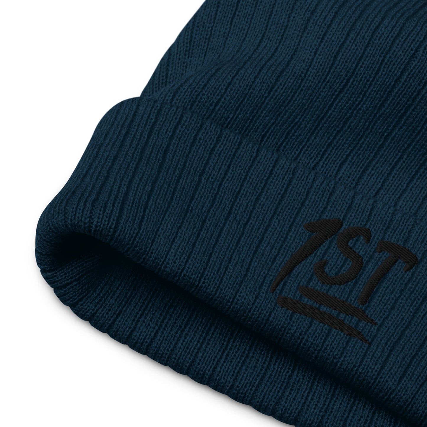 "1ST" -- Ribbed Knit Beanie (Embroidered Black Design)