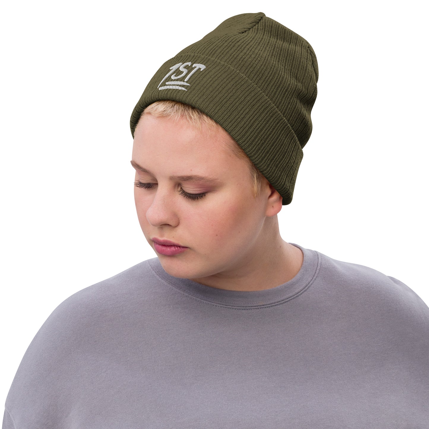 "1ST" -- Ribbed Knit Beanie (Embroidered White Design)