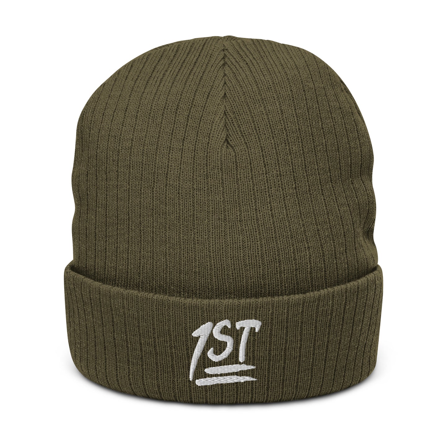 "1ST" -- Ribbed Knit Beanie (Embroidered White Design)