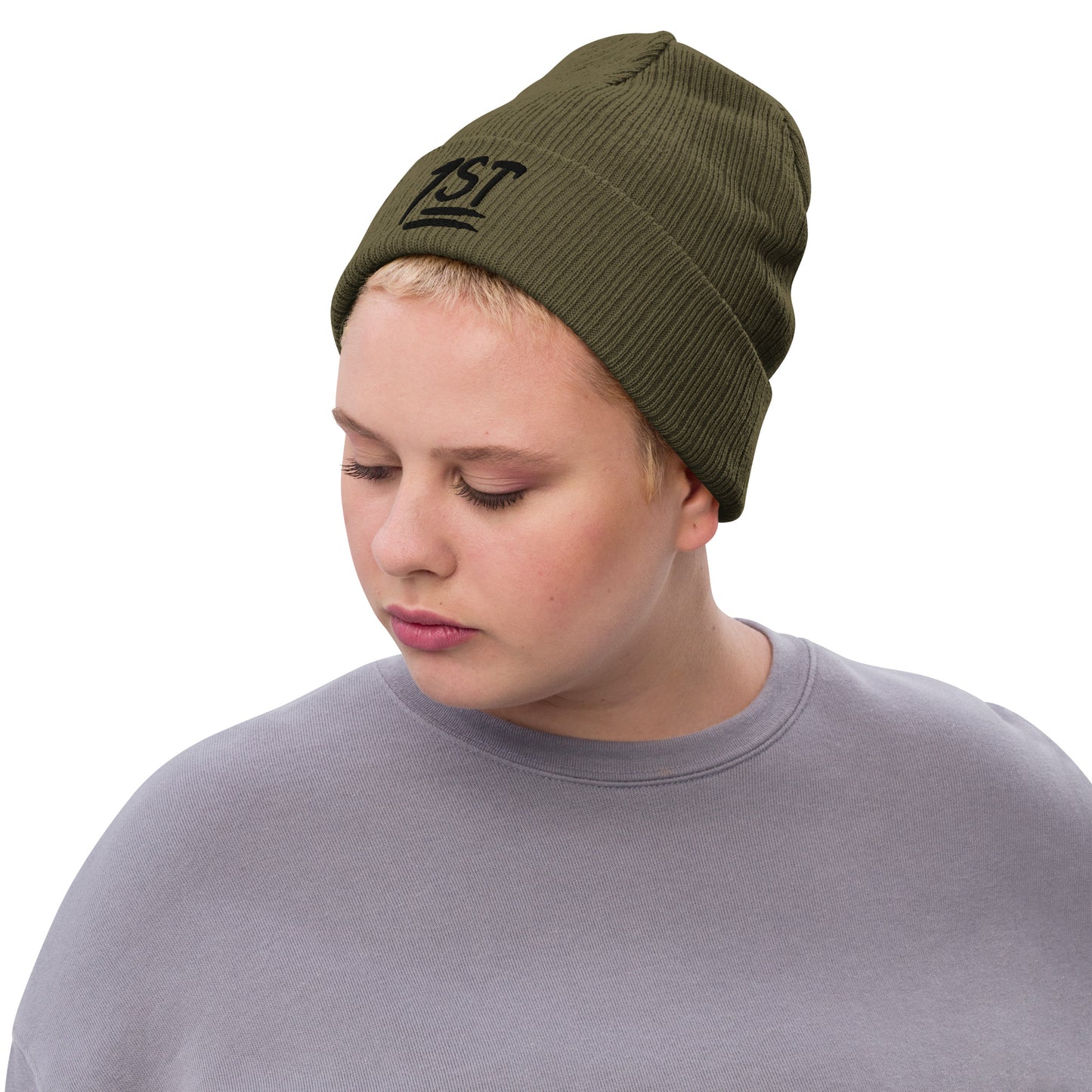 "1ST" -- Ribbed Knit Beanie (Embroidered Black Design)