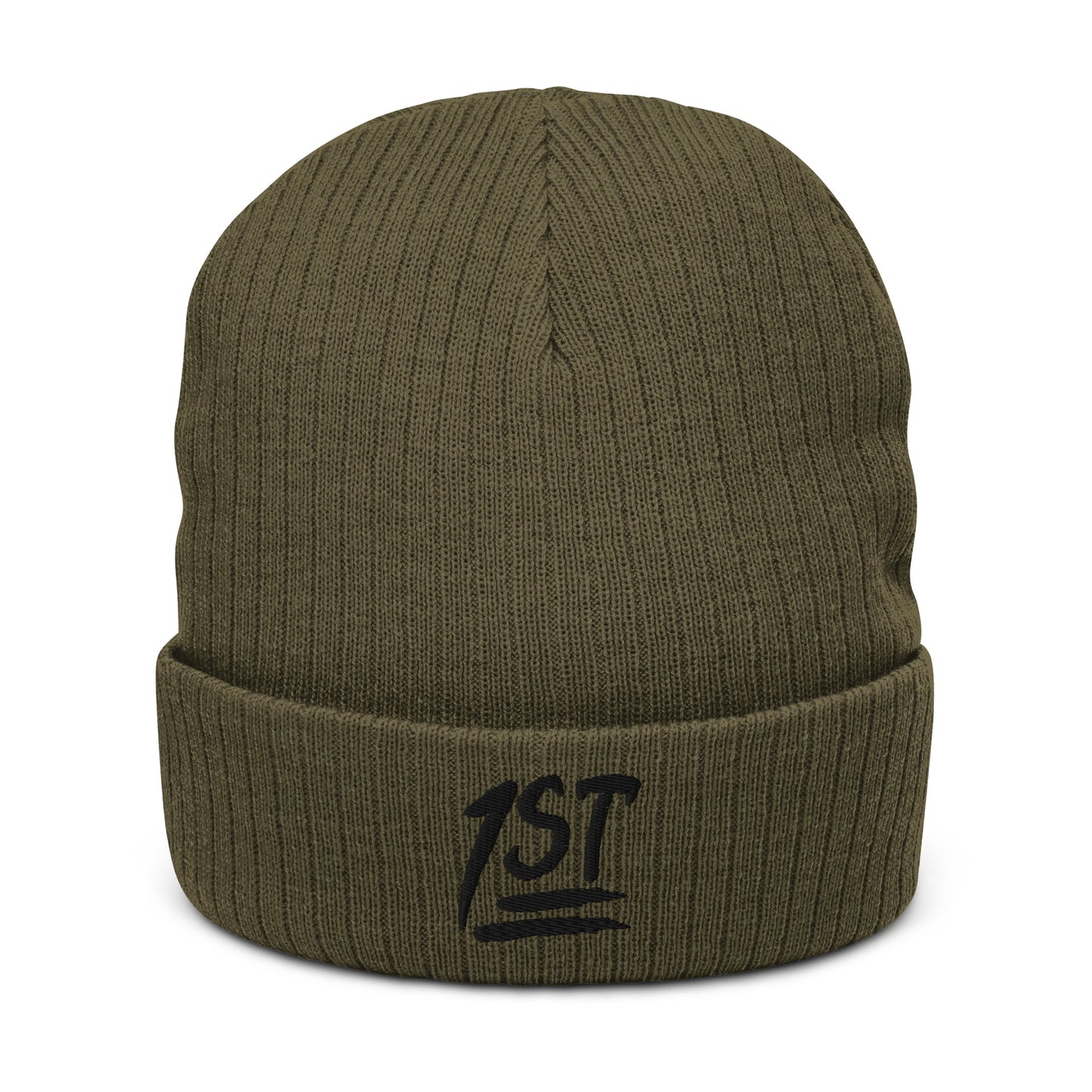 "1ST" -- Ribbed Knit Beanie (Embroidered Black Design)