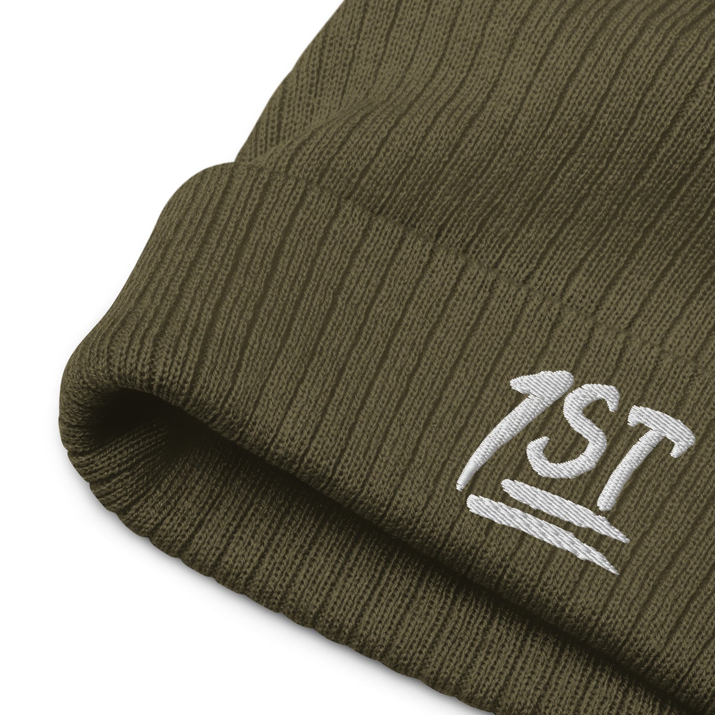 "1ST" -- Ribbed Knit Beanie (Embroidered White Design)