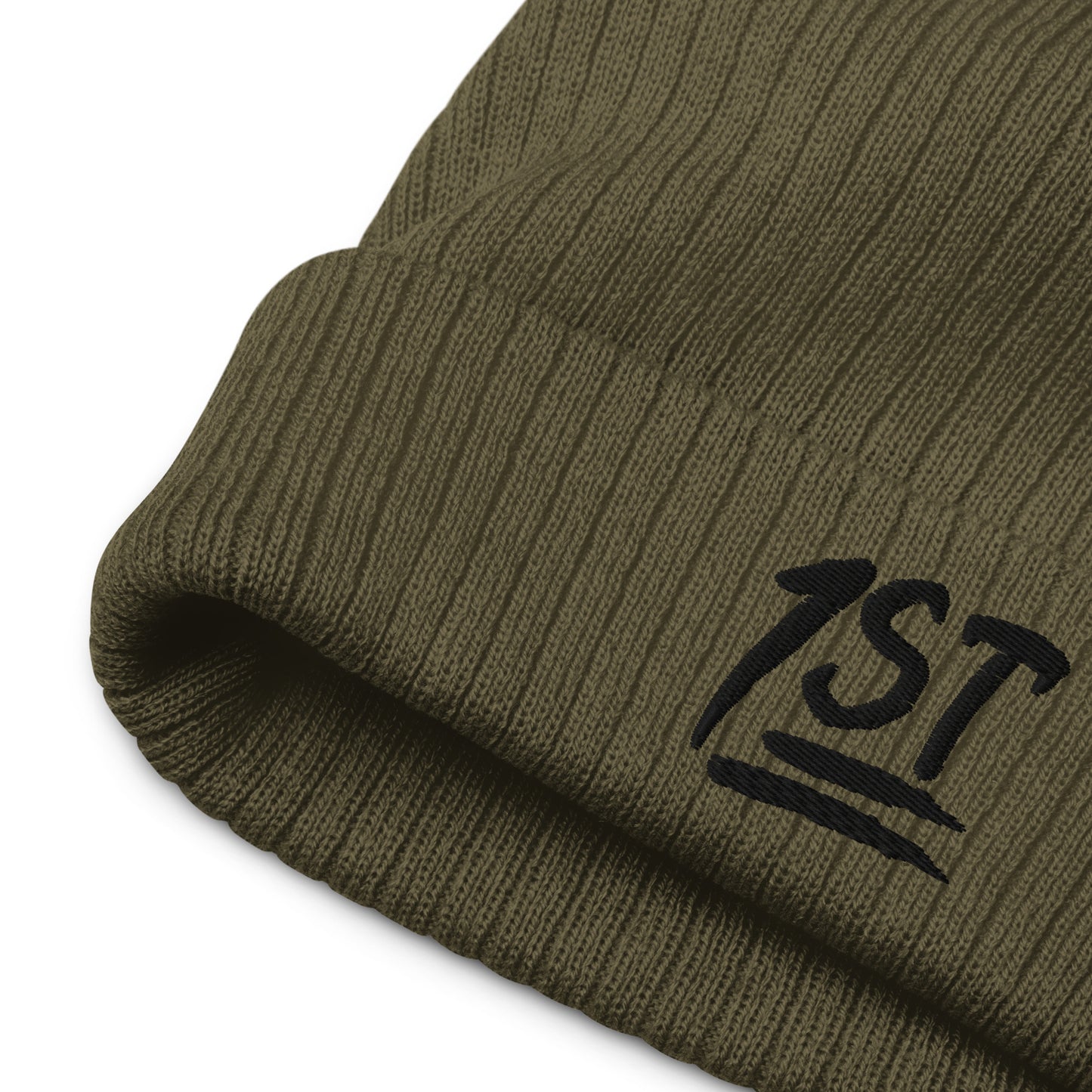 "1ST" -- Ribbed Knit Beanie (Embroidered Black Design)