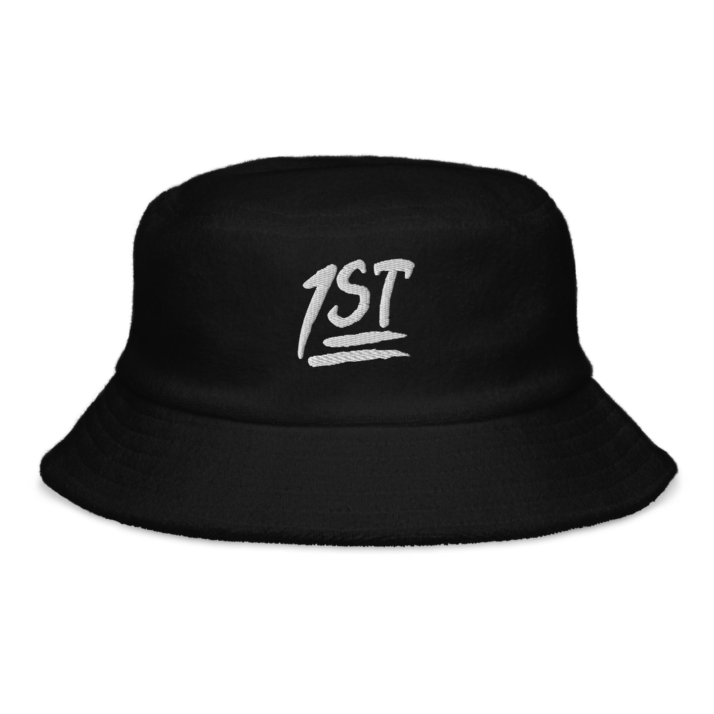 "1ST" -- Unstructured Terry Cloth Bucket Hat (Embroidered White Design)