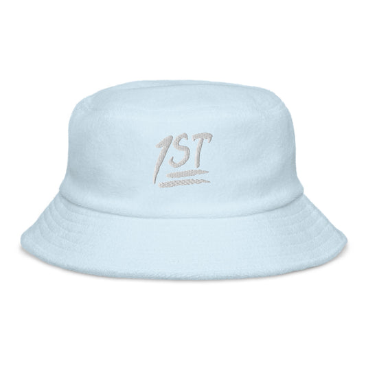 "1ST" -- Unstructured Terry Cloth Bucket Hat (Embroidered White Design)