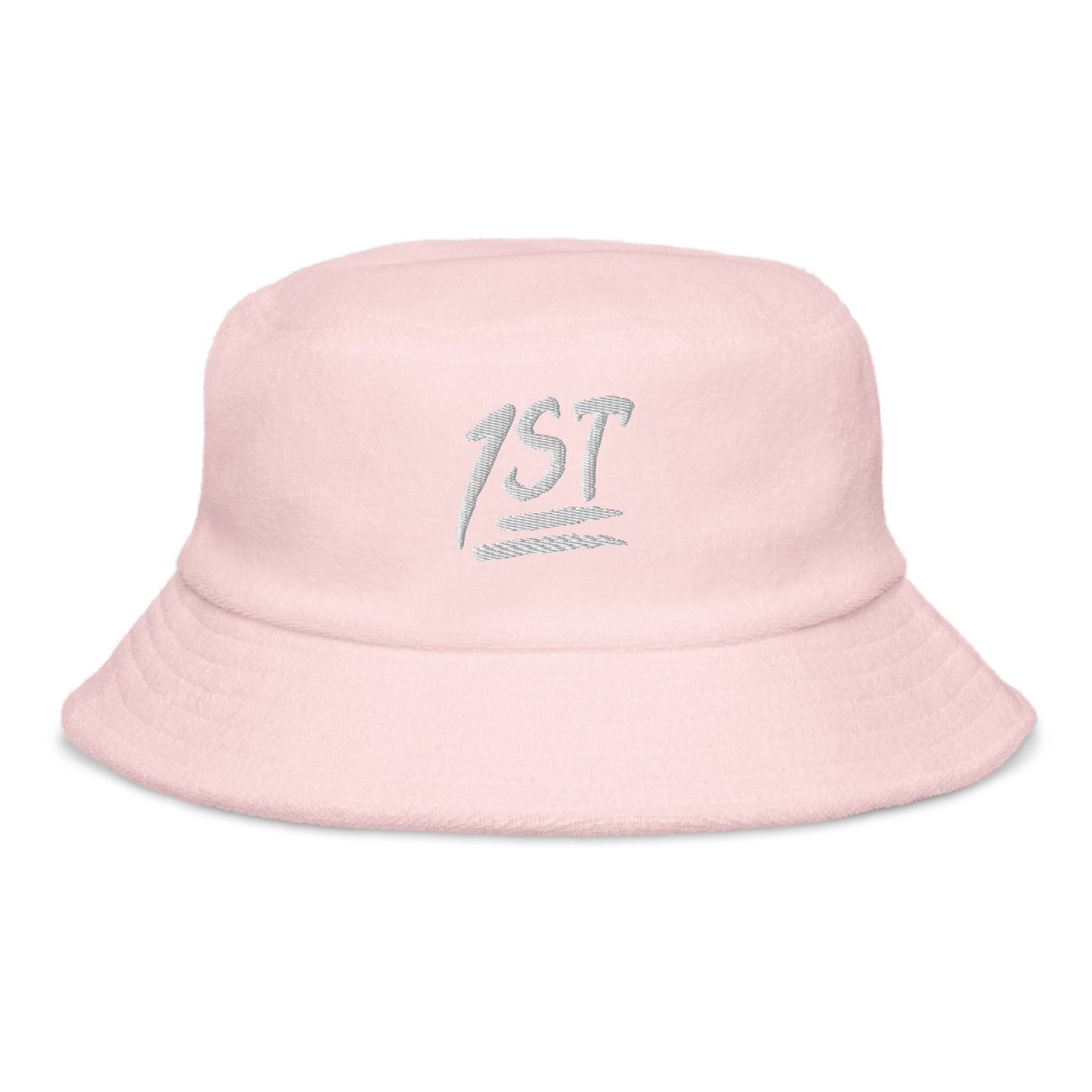 "1ST" -- Unstructured Terry Cloth Bucket Hat (Embroidered White Design)