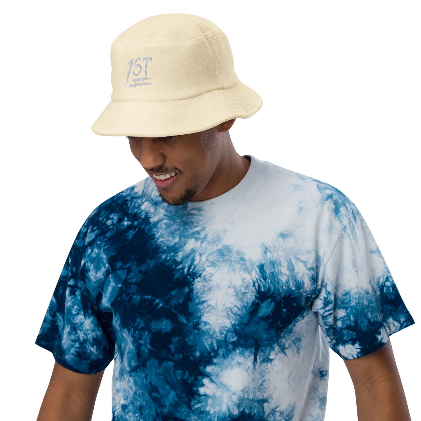 "1ST" -- Unstructured Terry Cloth Bucket Hat (Embroidered White Design)