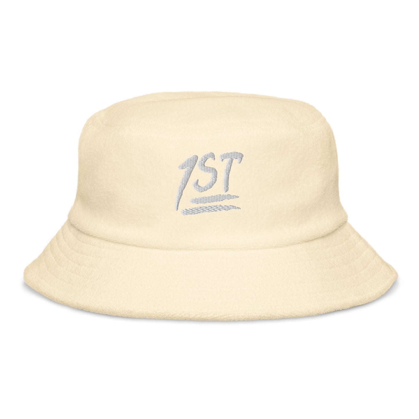 "1ST" -- Unstructured Terry Cloth Bucket Hat (Embroidered White Design)