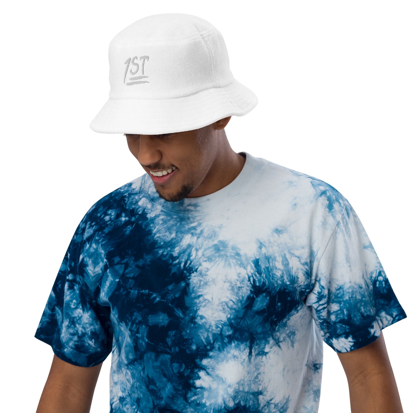 "1ST" -- Unstructured Terry Cloth Bucket Hat (Embroidered White Design)