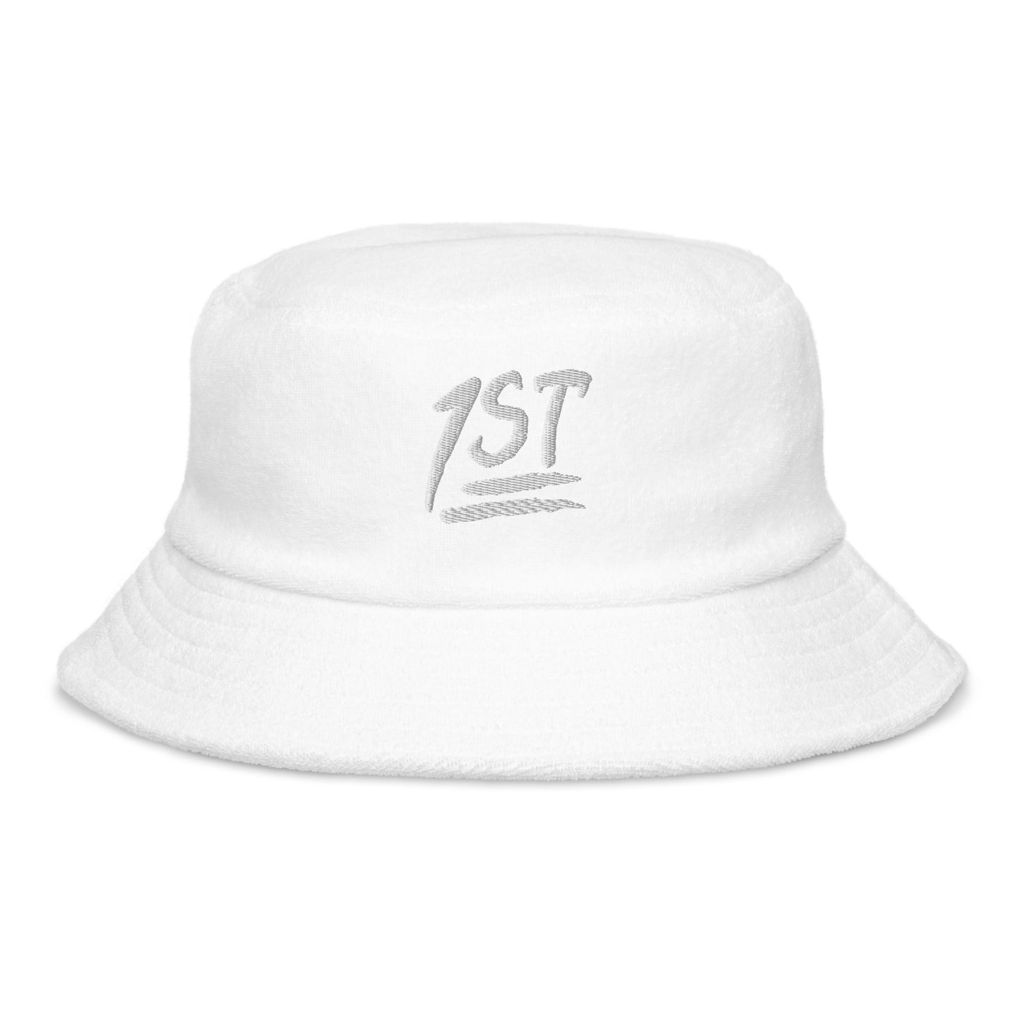 "1ST" -- Unstructured Terry Cloth Bucket Hat (Embroidered White Design)